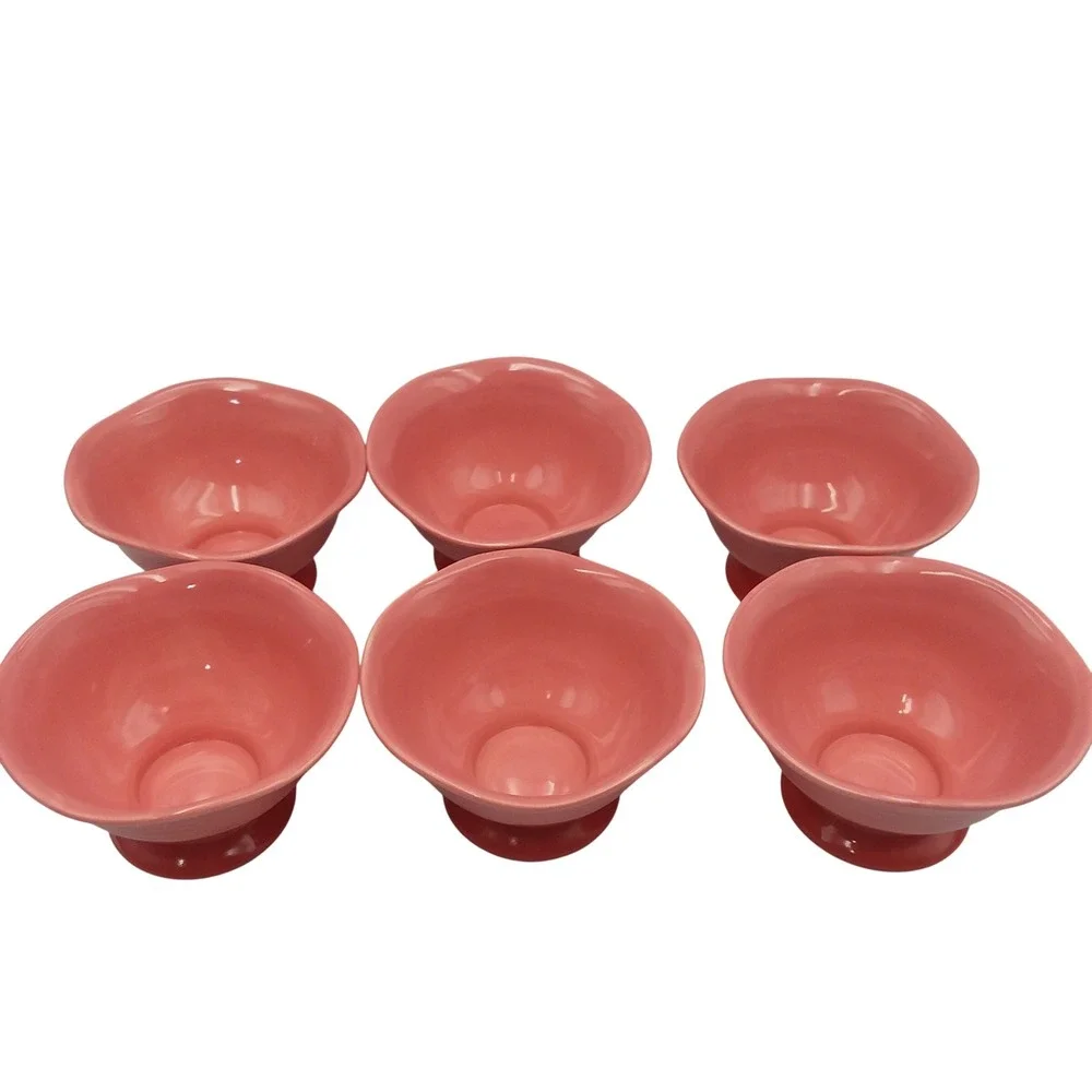 6 Crate & Barrel Ice‎ Cream Dessert Bowls Coral Pedestal Ribbed Sundae Summer
